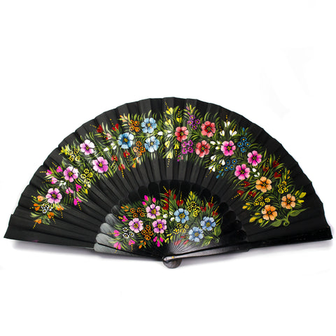 Large Black Hand Fan with Colorfull Flowers, Laca