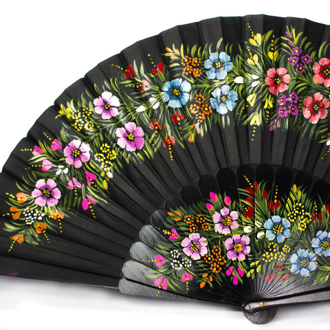 Large Black Hand Fan with Colorfull Flowers, Laca