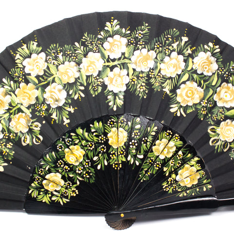 Large Black Hand Fan with Golden Flowers, Laca