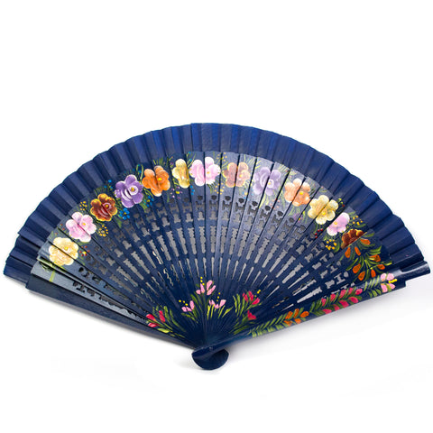 Medium Blue Hand Fan with Colorfull Flowers, Laca