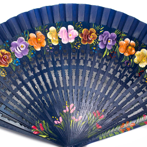 Medium Blue Hand Fan with Colorfull Flowers, Laca