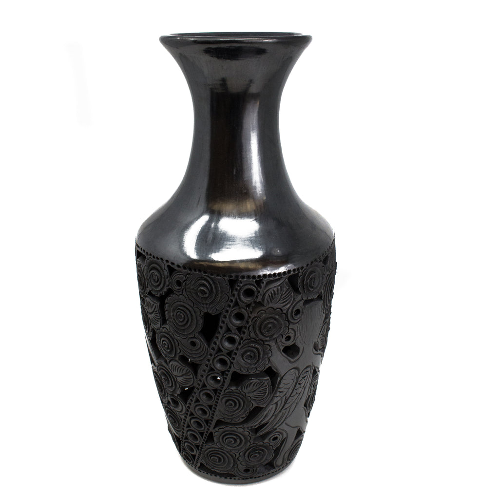 Flower Patterns and Angel Large Bottle, Oaxaca Black Clay