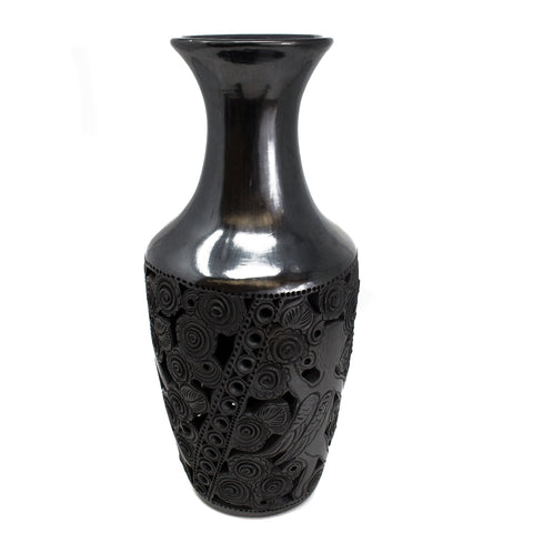 Flower Patterns and Angel Large Bottle, Oaxaca Black Clay