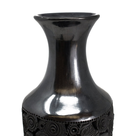 Flower Patterns and Angel Large Bottle, Oaxaca Black Clay