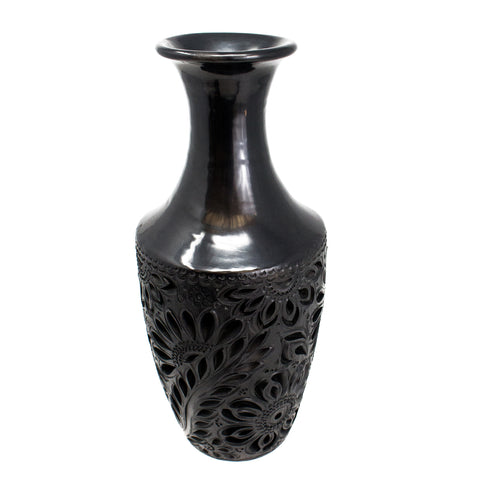 Medium Sized Bottle with Flowers Pattern, Oaxaca Black Clay