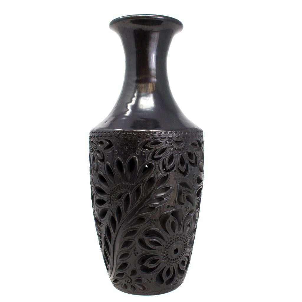 Medium Sized Bottle with Flowers Pattern, Oaxaca Black Clay
