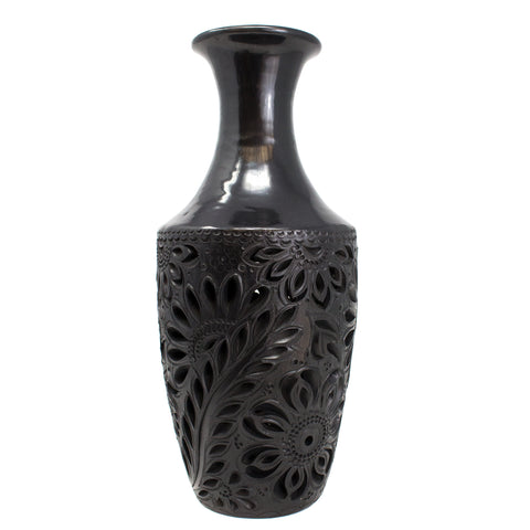 Medium Sized Bottle with Flowers Pattern, Oaxaca Black Clay