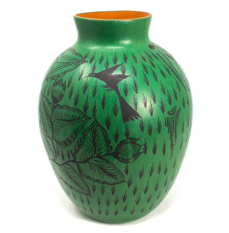 Oval-Shaped Green/Black Vase, Burnished Clay