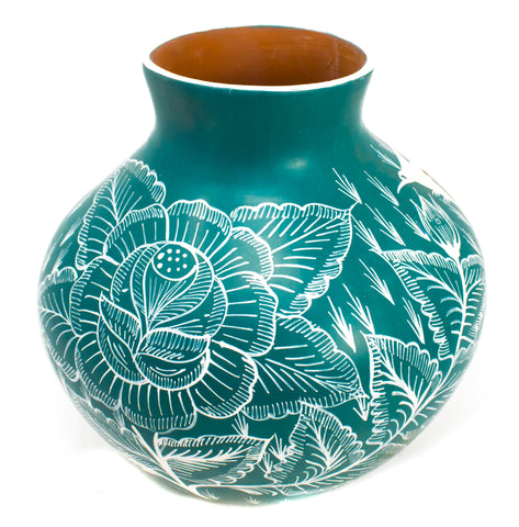 Turquoise/White Flowers Vase, Burnished Clay