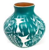 Turquoise/White Flowers Vase, Burnished Clay