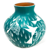 Turquoise/White Flowers Vase, Burnished Clay