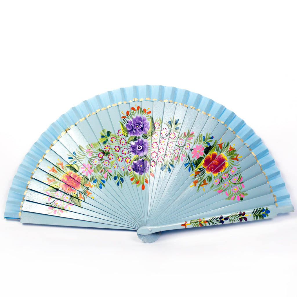 Medium Cyan Hand Fan with Colorfull Flowers, Laca