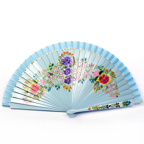 Medium Cyan Hand Fan with Colorfull Flowers, Laca
