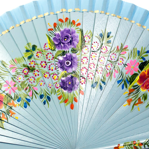 Medium Cyan Hand Fan with Colorfull Flowers, Laca