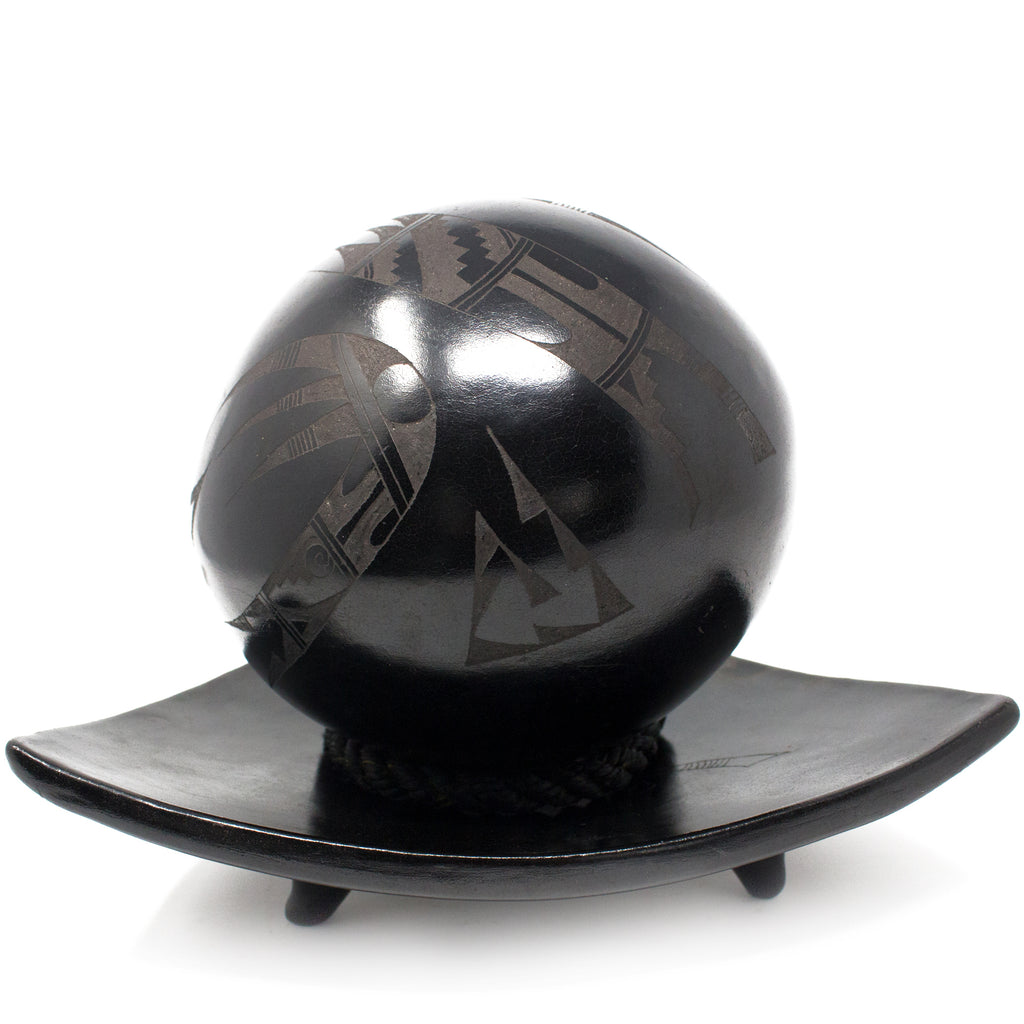 Triangular Fruit Platter, Single Large Ball, Scribed Black Clay