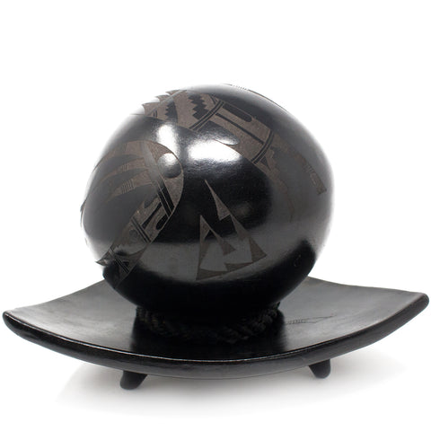 Triangular Fruit Platter, Single Large Ball, Scribed Black Clay