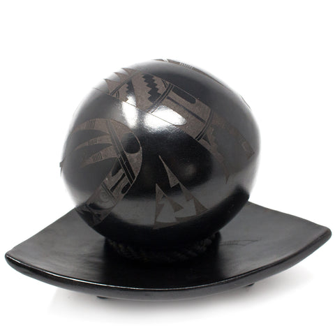 Triangular Fruit Platter, Single Large Ball, Scribed Black Clay