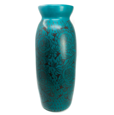 Elongated Turquoise/Black Vase, Burnished Clay