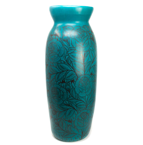Elongated Turquoise/Black Vase, Burnished Clay