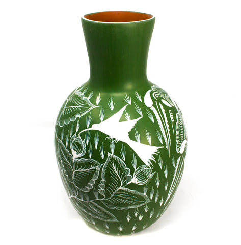 Elongated Wide Mouthed White/Green Vase, Burnished Clay
