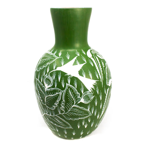 Elongated Wide Mouthed White/Green Vase, Burnished Clay