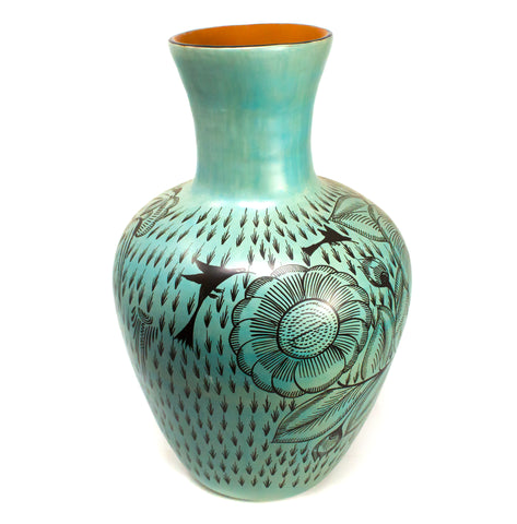 Elongated Wide Mouthed Green/Black Vase, Burnished Clay
