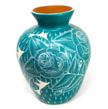 Stump-Shaped Mouth Turquoise/White Vase, Burnished Clay