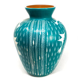 Stump-Shaped Mouth Turquoise/White Vase, Burnished Clay