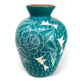 Stump-Shaped Mouth Turquoise/White Vase, Burnished Clay
