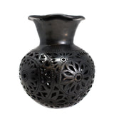 Wavy Mouthed Flower Covered Flower Pot, Oaxaca Black Clay