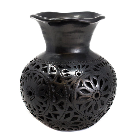 Wavy Mouthed Flower Covered Flower Pot, Oaxaca Black Clay