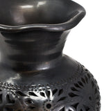 Wavy Mouthed Flower Covered Flower Pot, Oaxaca Black Clay