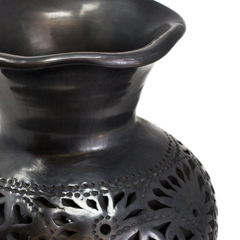 Wavy Mouthed Flower Covered Flower Pot, Oaxaca Black Clay