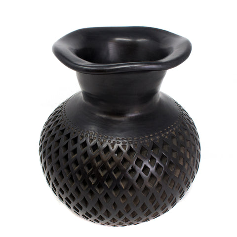 Wavy Mouthed Diamond Covered Flower Pot, Oaxaca Black Clay