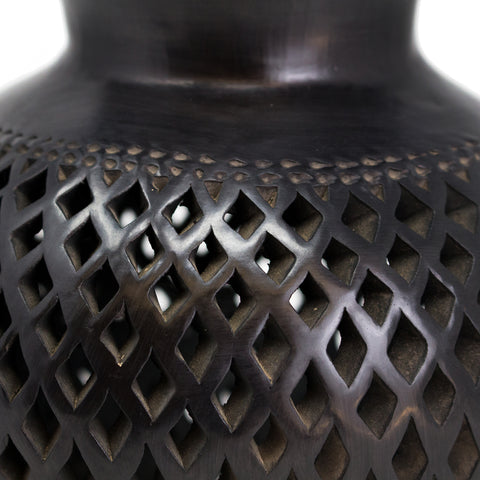 Wavy Mouthed Diamond Covered Flower Pot, Oaxaca Black Clay