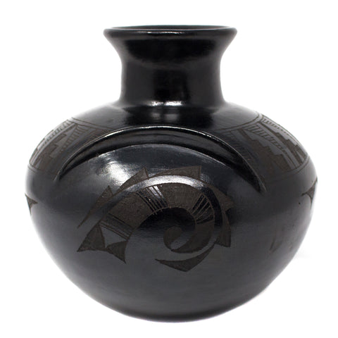 Moon Relief Semi-flat Jug, Scribed Black Clay