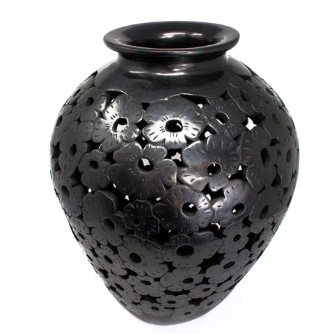 Large Textured Pitcher with Pierced Flowers, Oaxaca Black Clay
