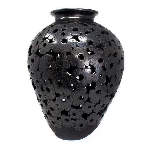 Large Textured Pitcher with Pierced Flowers, Oaxaca Black Clay
