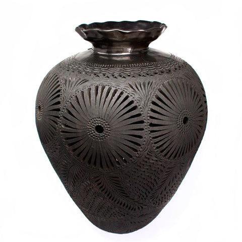 Large Traditional Patterns Textured Matte Vase, Oaxaca Black Clay