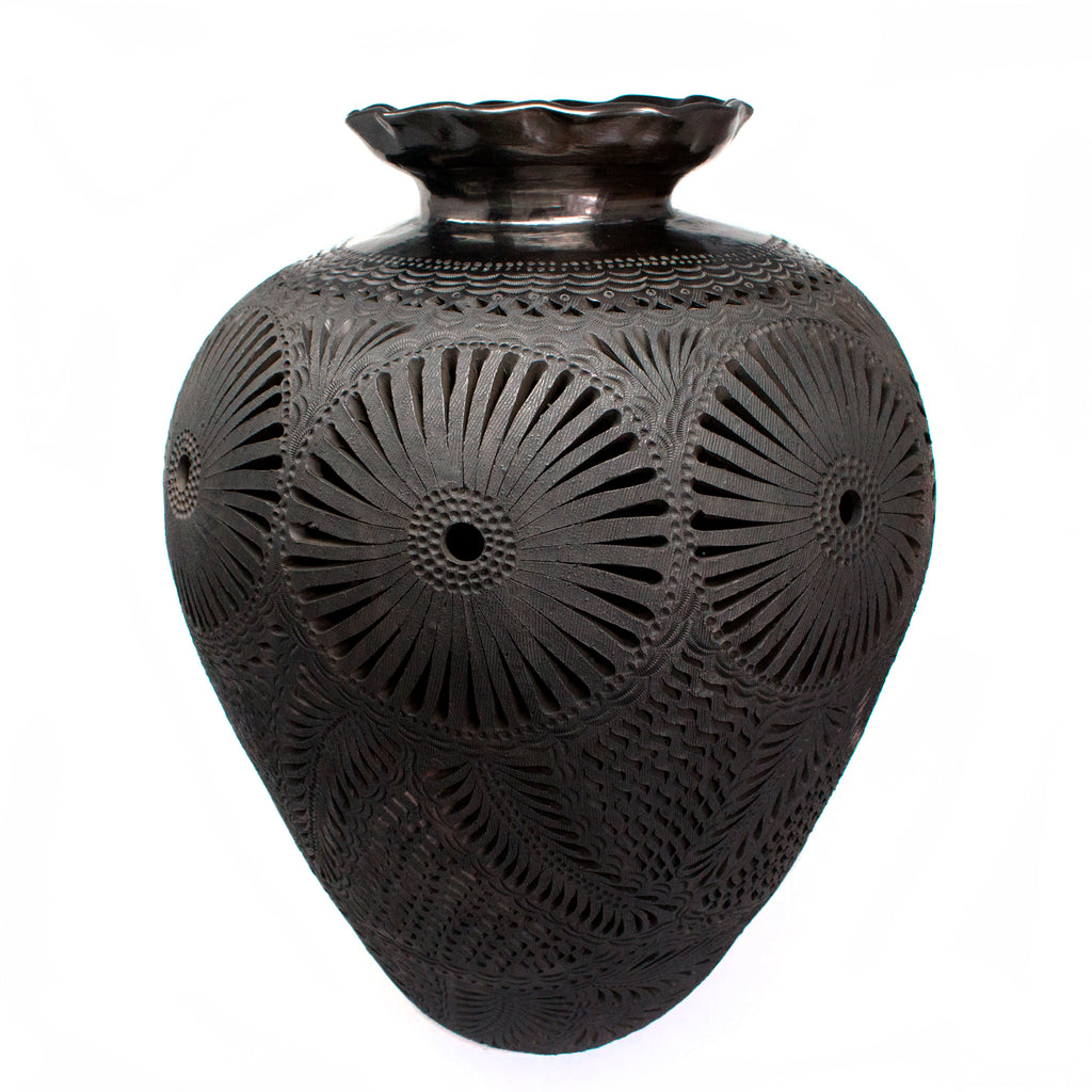 Large Traditional Patterns Textured Matte Vase, Oaxaca Black Clay