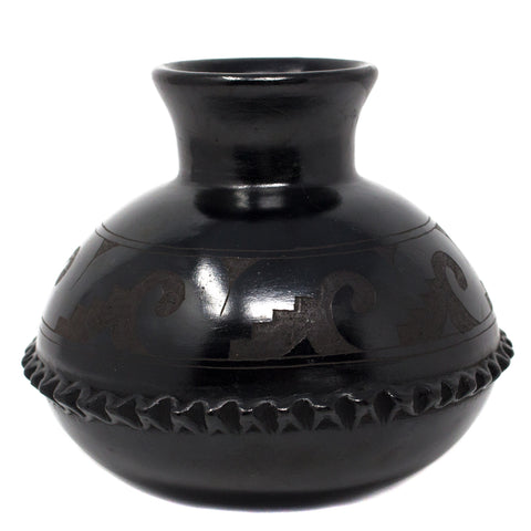 Medallions rounded Semi-flat Jug, Scribed Black Clay