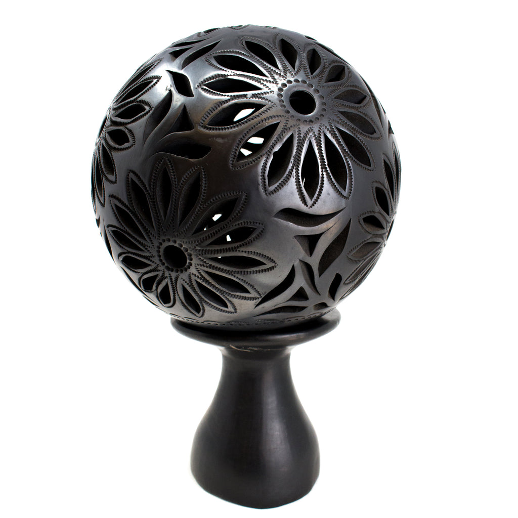 Pierced Flower Pattern Lamp with Stand, Oaxaca Black Clay
