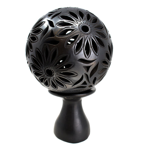 Pierced Flower Pattern Lamp with Stand, Oaxaca Black Clay