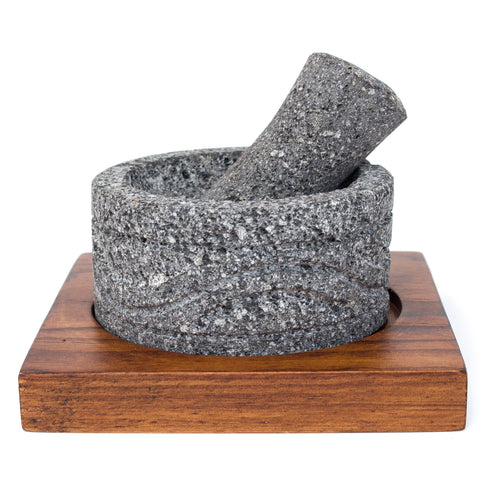 Small round engraved Molcajete, Basalt Stone