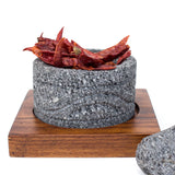 Small round engraved Molcajete, Basalt Stone