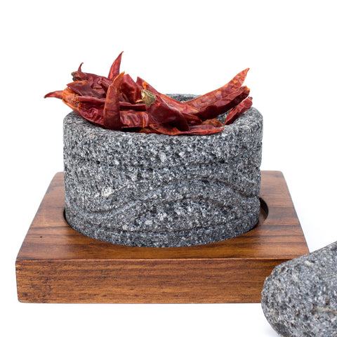 Small round engraved Molcajete, Basalt Stone