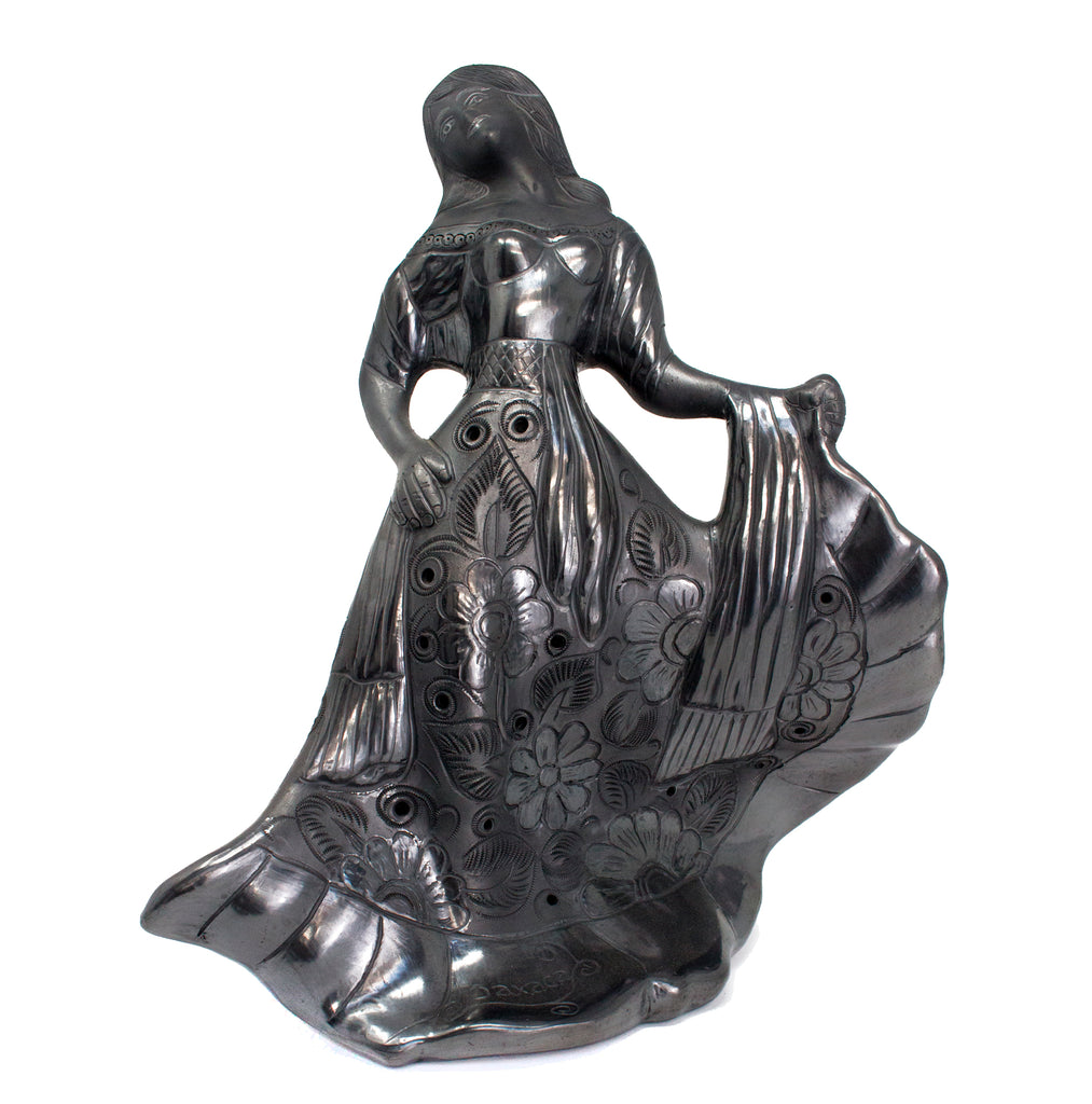 Mixteca Woman with Flower Covered Skirt Sculpture, Oaxaca Black Clay