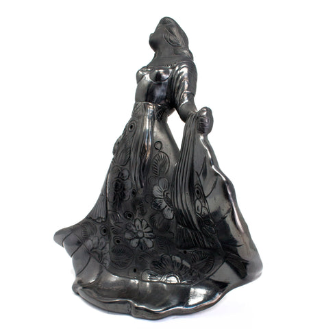 Mixteca Woman with Flower Covered Skirt Sculpture, Oaxaca Black Clay