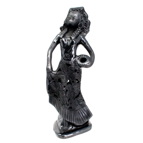 Tehuana Woman with Flower Skirt, Basket and Headdress, Oaxaca Black Clay