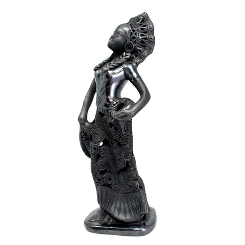 Tehuana Woman with Flower Skirt, Basket and Headdress, Oaxaca Black Clay